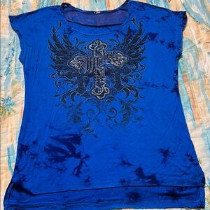 Affliction Blue Graphic Tee with Cap Sleeves and Relaxed Fit. Size small